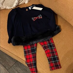 Janie and Jack Navy Top with Fur Trim and Red Plaid Leggings